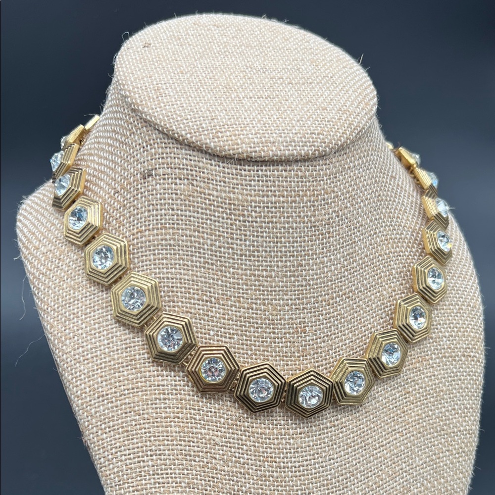 J. Crew Vintage Gold Tone Rivoli Rhinestone Hexagon Necklace 1990s - Picture 4 of 9